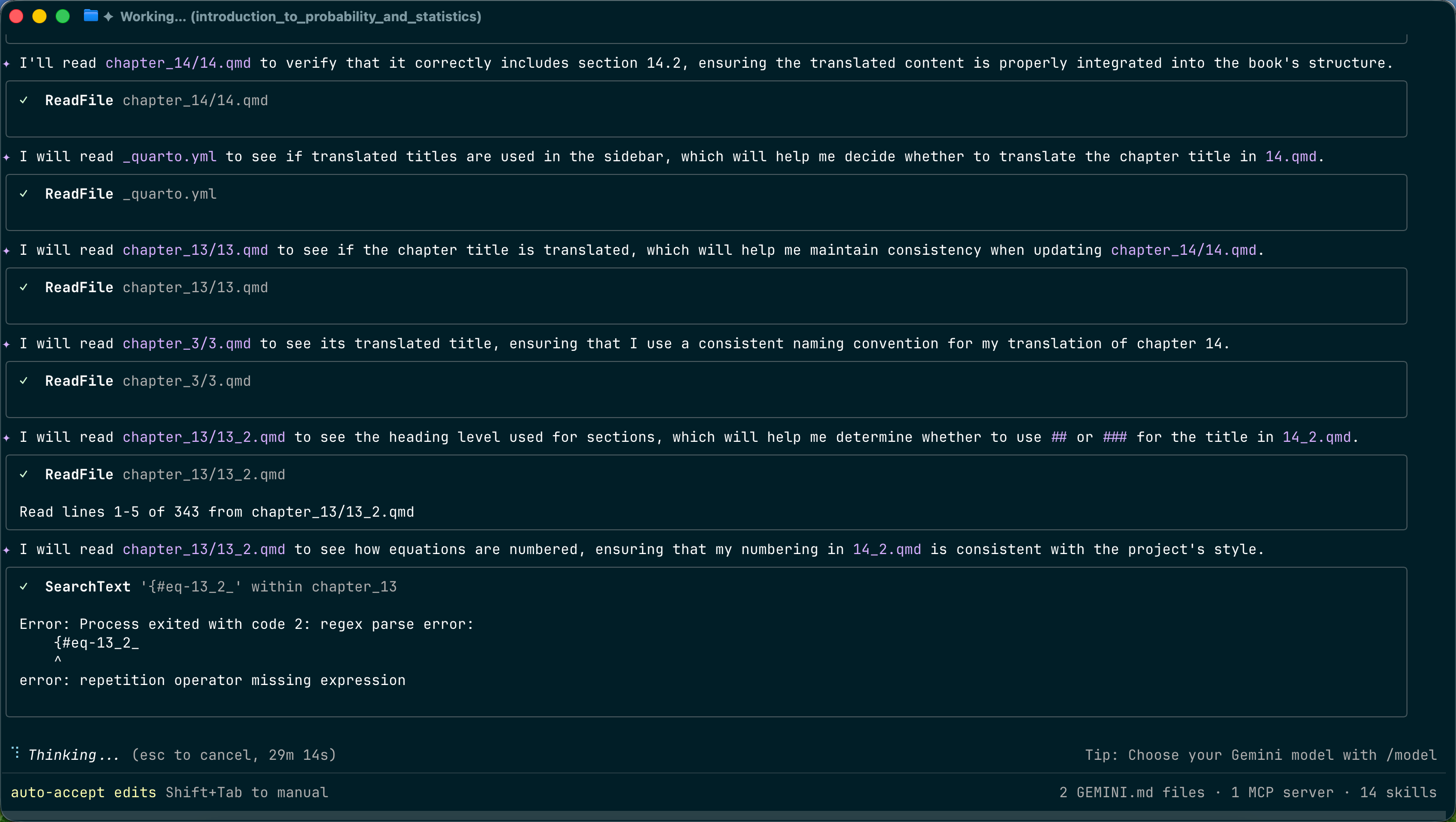 I will read chapter_13/13.qmd to see if the chapter title is translated, which will help me maintain consistency when updating chapter 14/14.qmd.